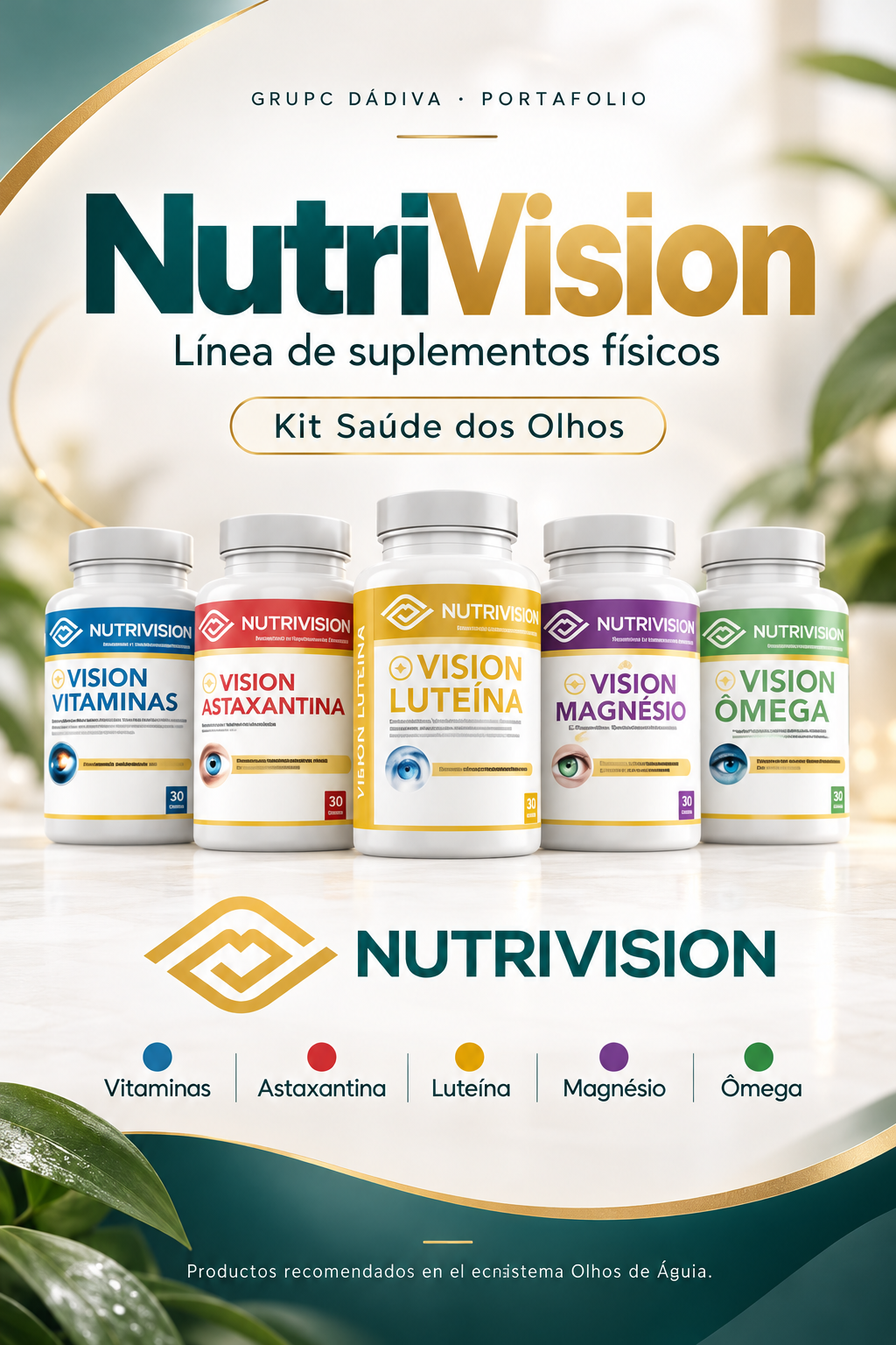 Tarjeta de NutriVision con su kit de suplementos y cinco presentaciones de producto.